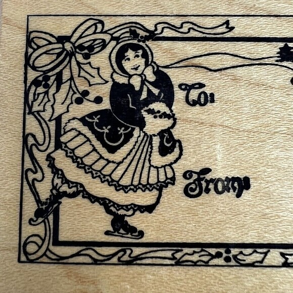PSX F-392 Christmas Rubber Stamp GIRL ICE SKATING VINTAGE TO/FROM TAG LABEL - Picture 3 of 11